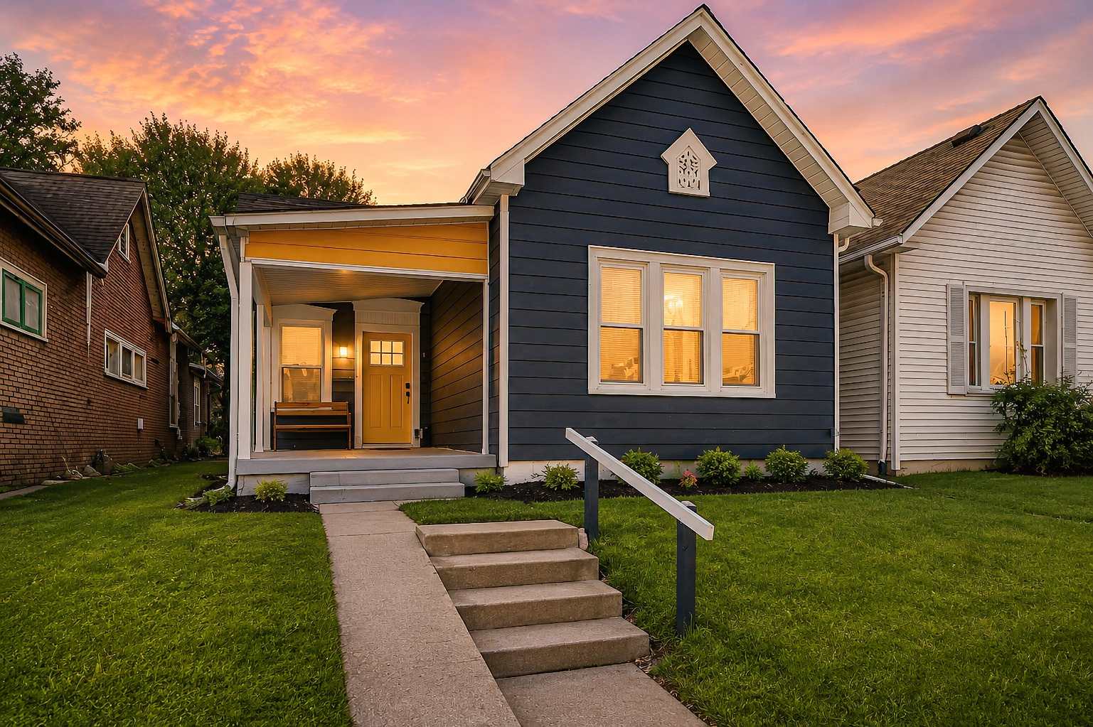 Sunshine Haven, a navy cottage with a yellow front door and lit windows at sunset in Indianapolis, Indiana
