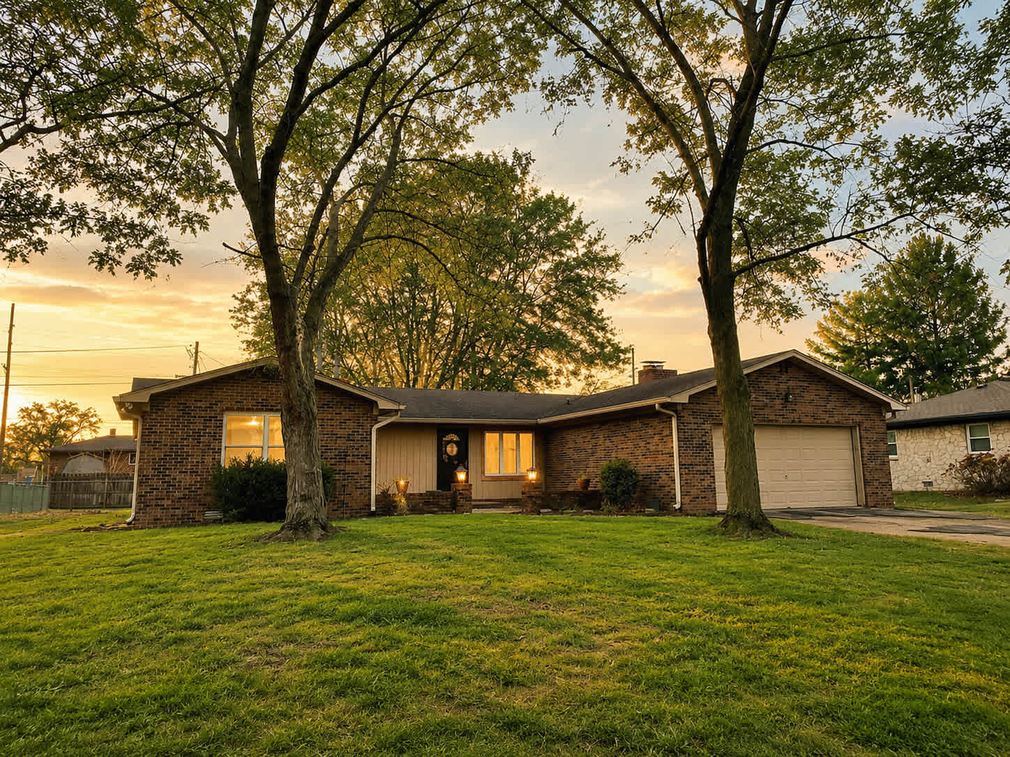 Rustic Chic in Charming Center Grove, a brick ranch with attached garage and tall front yard trees at sunset in Greenwood, Indiana