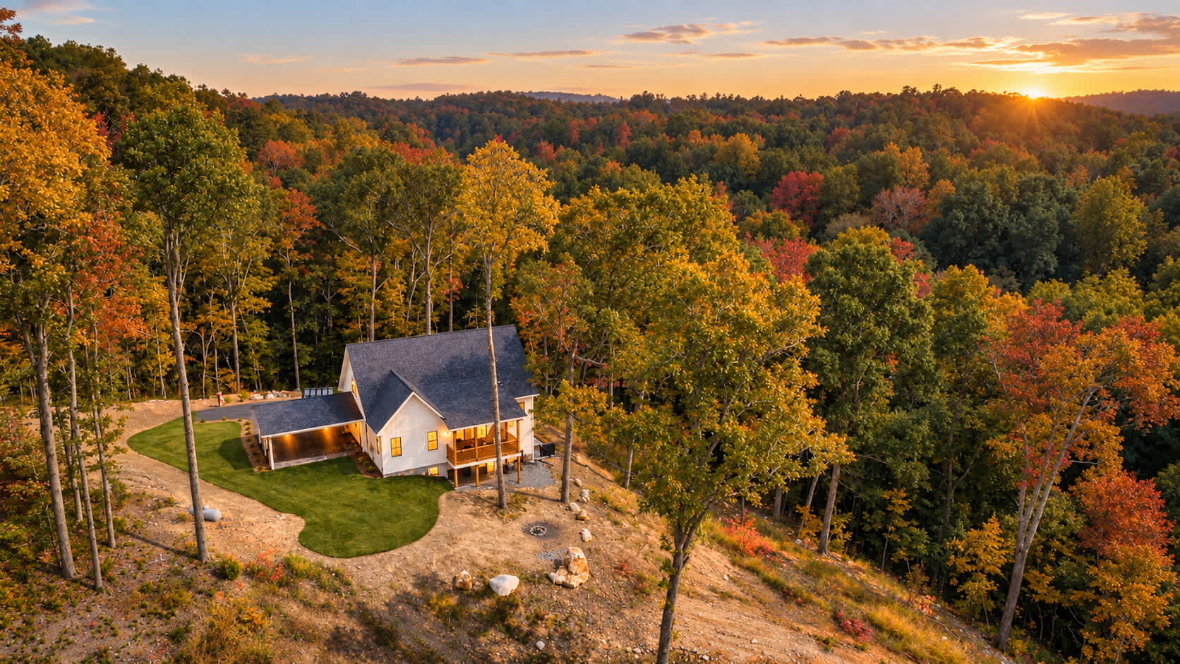 An aerial view of a Home Base home in the north Georgia woods