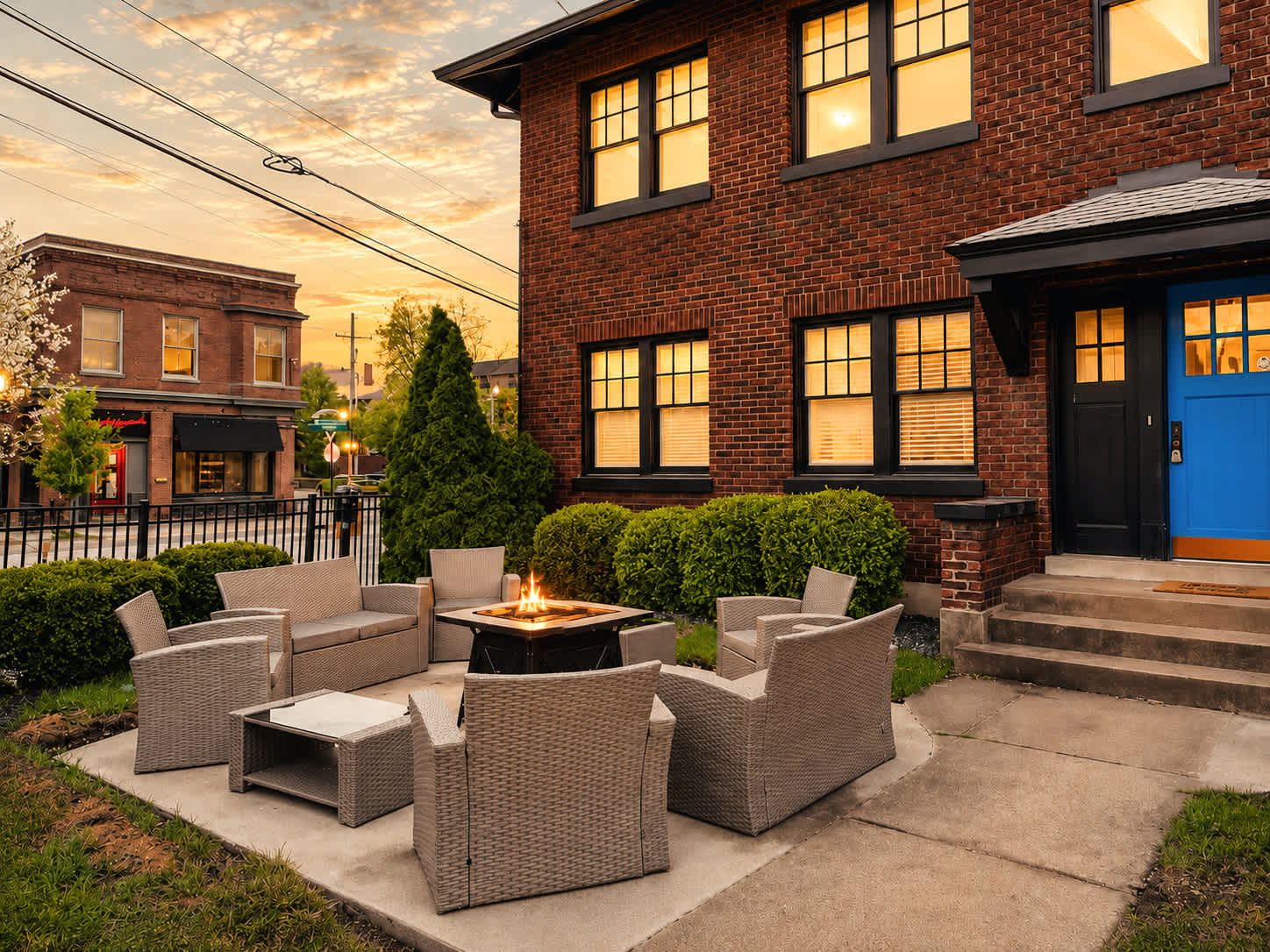 Legends of Louisville at sunset, a Home Base managed home with a lit fire pit out front